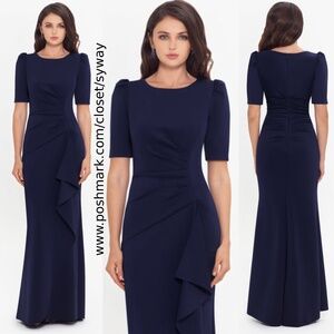 NWT XSCAPE "DEMI" Side Ruched Floor Length Gown